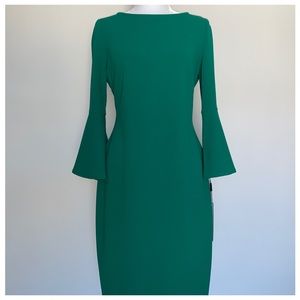 Calvin Klein green dress size 6 sheath, bell cuffs
